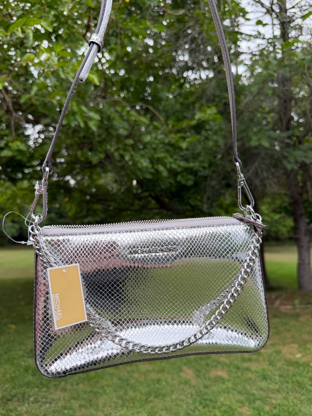 Michael Kors Jet Set Medium Pouchette Silver Metallic Snake Embossed NWT - Picture 5 of 10